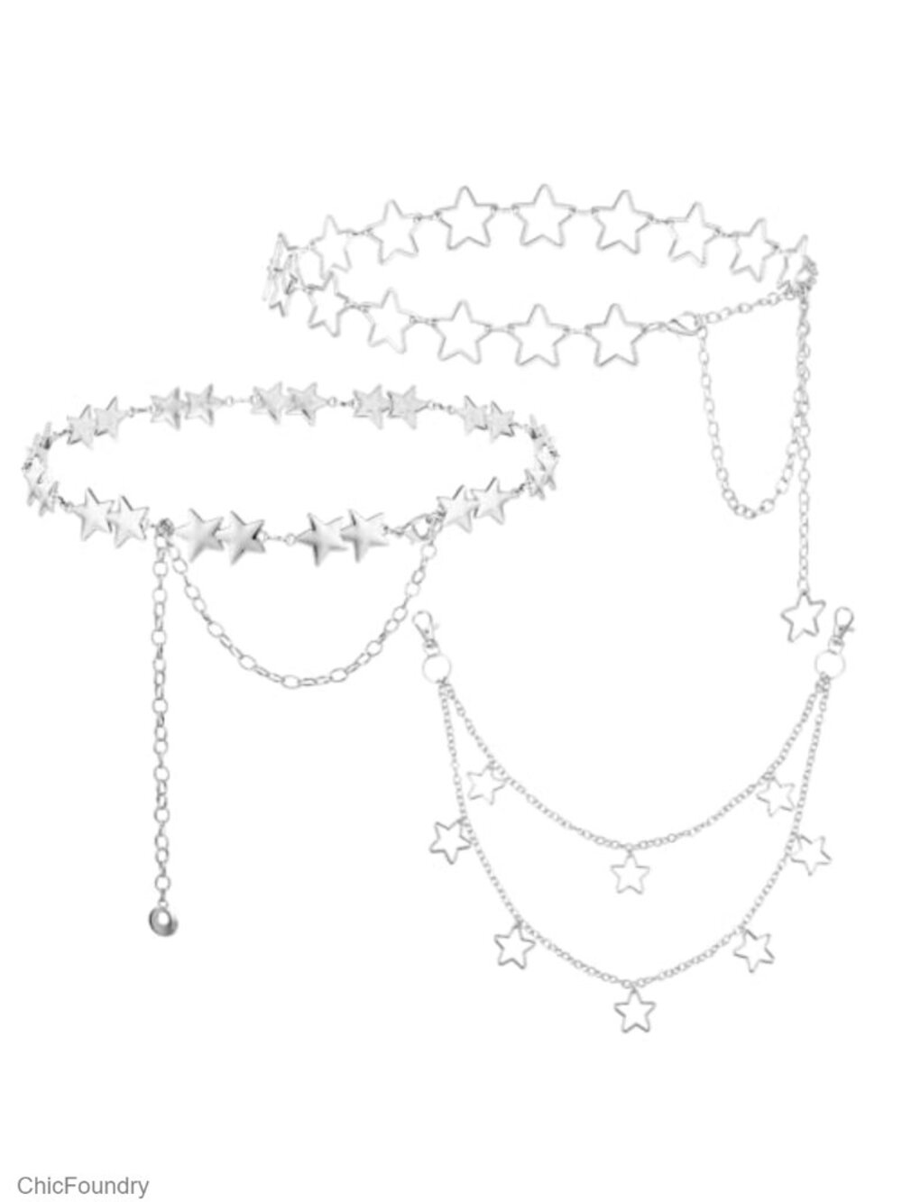 Y2K Star Waist Chain Belt 3PC Set Silver Adjustable Body Chain Pants Chain